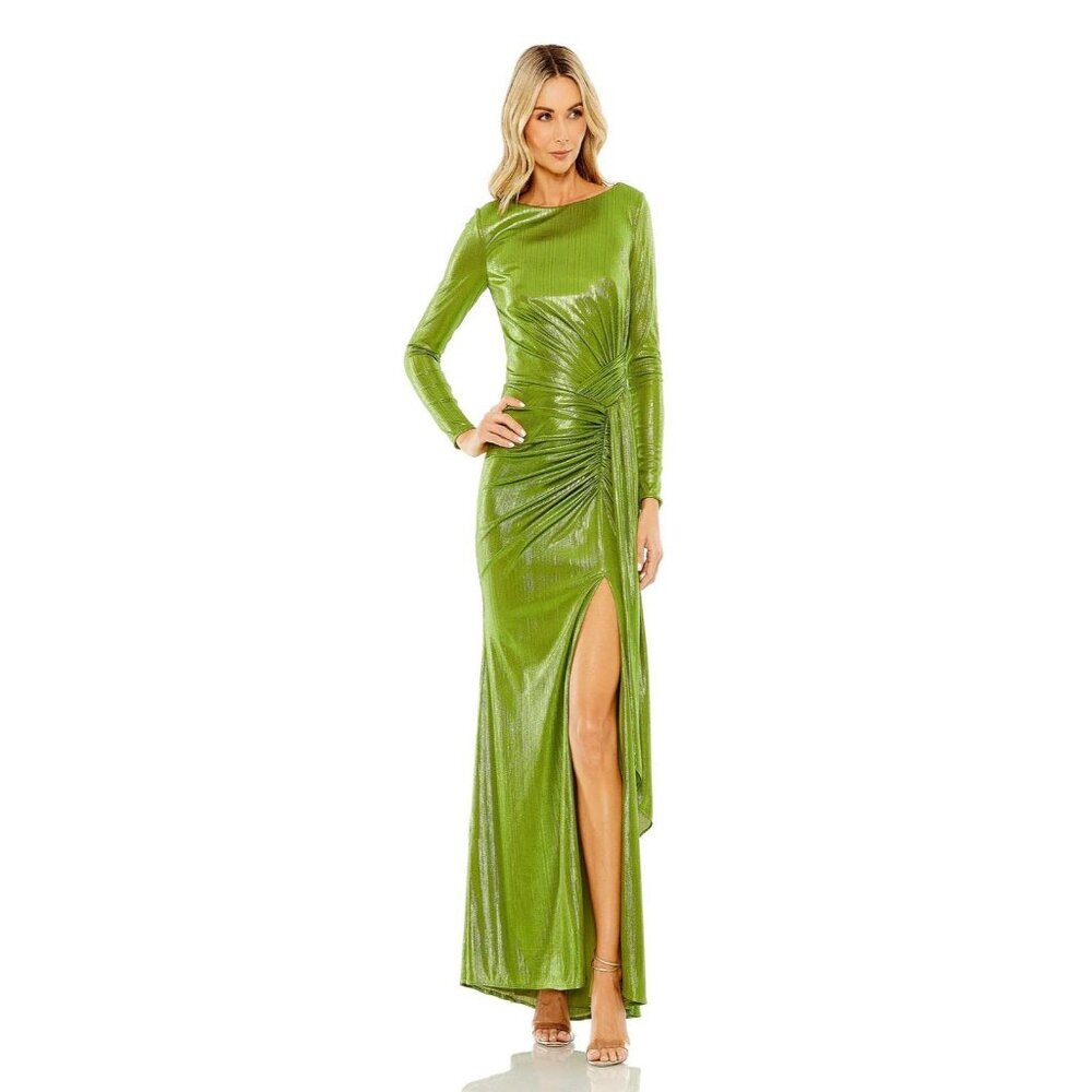NWT Mac Duggal Green Metallic Maxi Dress